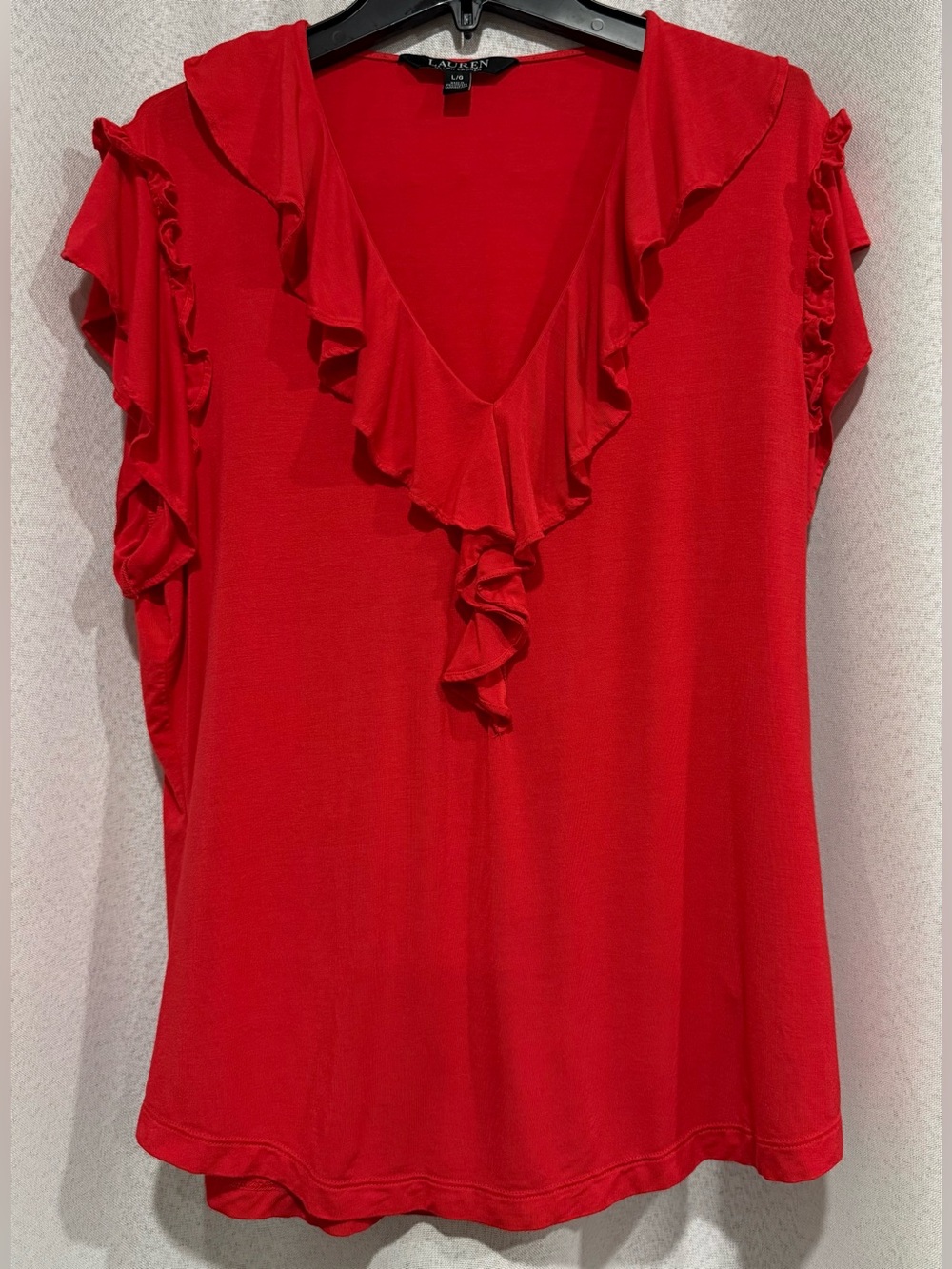 Lauren Ralph Lauren Red Ruffle V-Neck Flutter Sleeve Top - Large